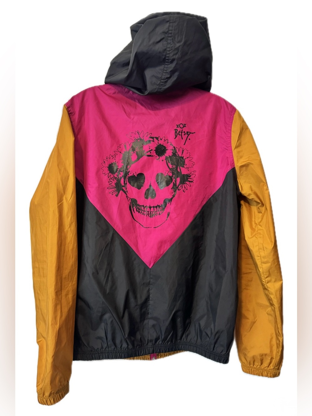 Betsey Johnson Lightweight Hooded Windbreaker Jacket Skull Floral Colorblock Y2K